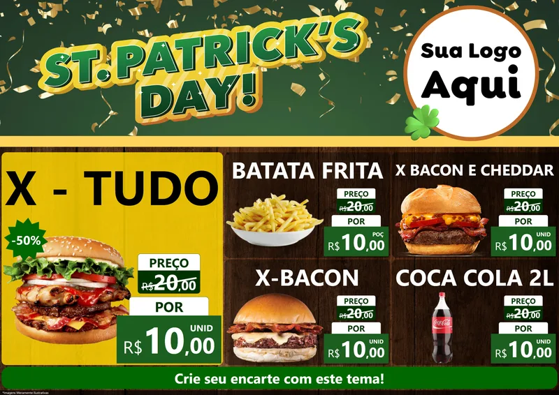 Modelo de Encarte para Encarte A4 Horizontal com o tema St Patriks Day para Hamburgueria
