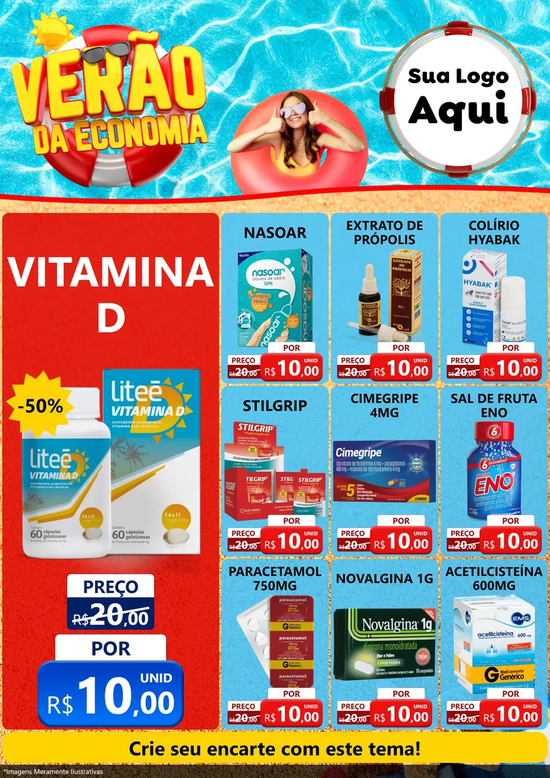 Modelo de Encarte para Encarte A4 Vertical com o tema Verão da Economia para Farmácia