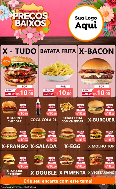 Modelo de Encarte para Encarte Grande com o tema Primavera de Preços Baixos para Hamburgueria
