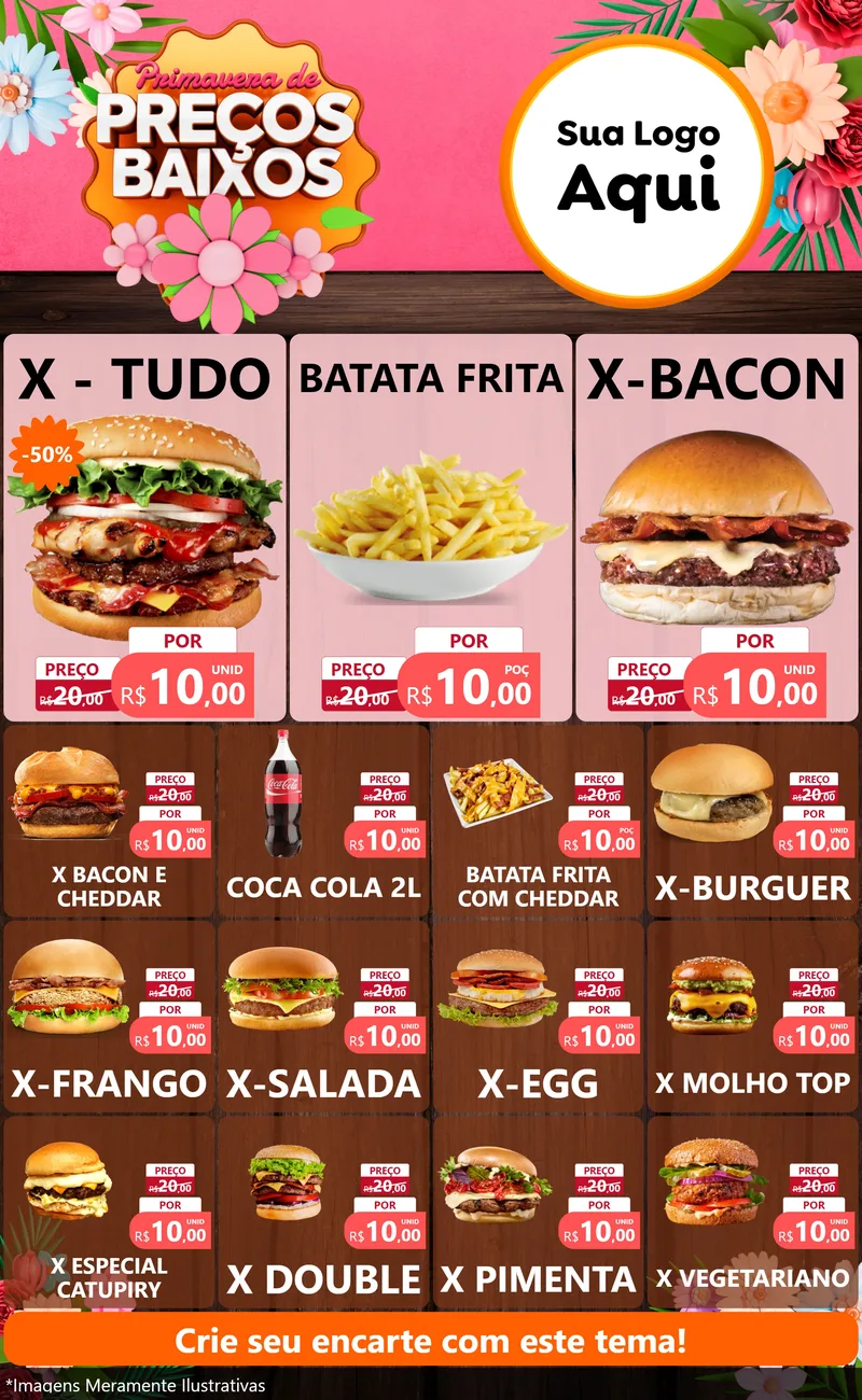 Modelo de Encarte para Encarte Grande com o tema Primavera de Preços Baixos para Hamburgueria