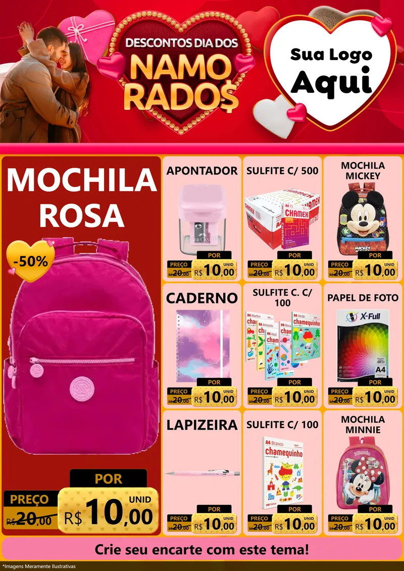 Modelo de Encarte para Encarte A4 Vertical com o tema Descontos Dia dos Namorados para Papelaria