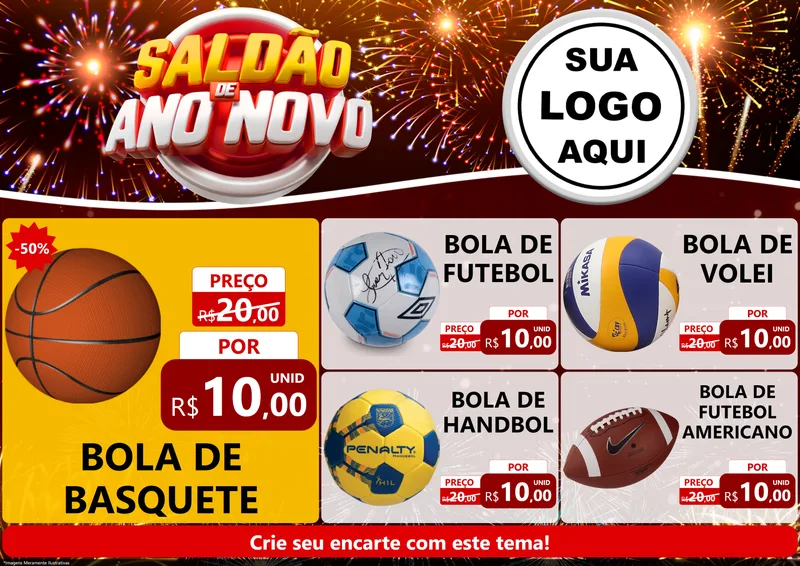 Modelo de Encarte para Encarte A4 Horizontal com o tema Saldão de Ano Novo para Artigos Esportivos