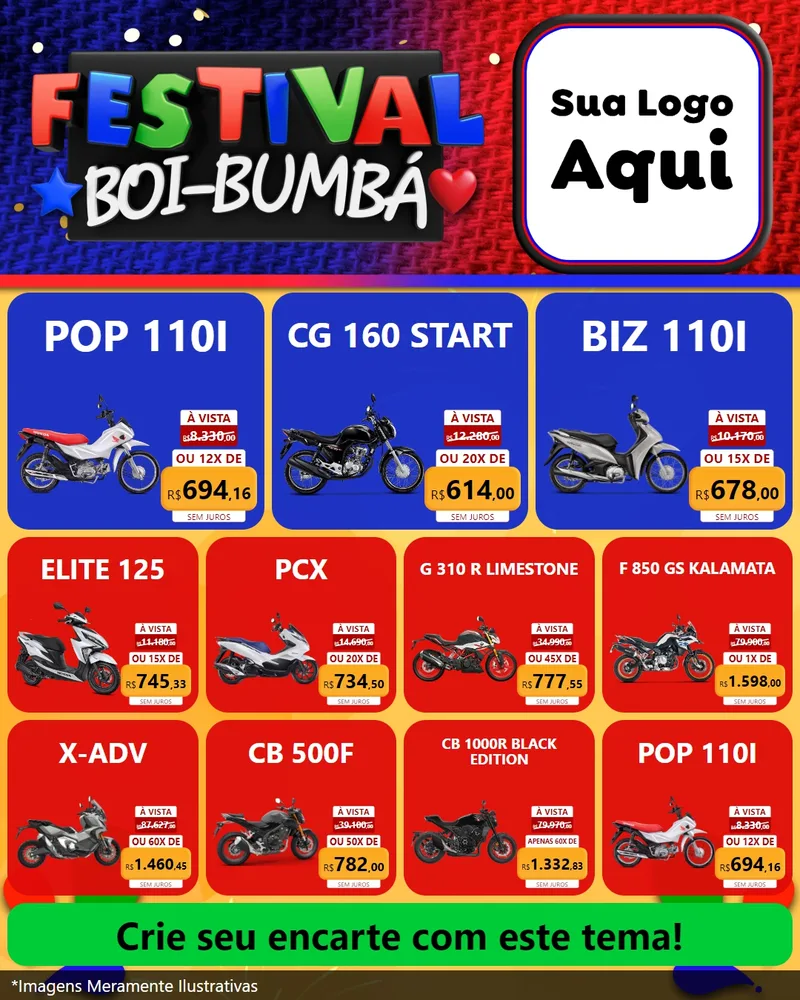 Modelo de Rede Social para Feed Instagram com o tema Festival Boi-Bumbá para Concessionaria de Motos