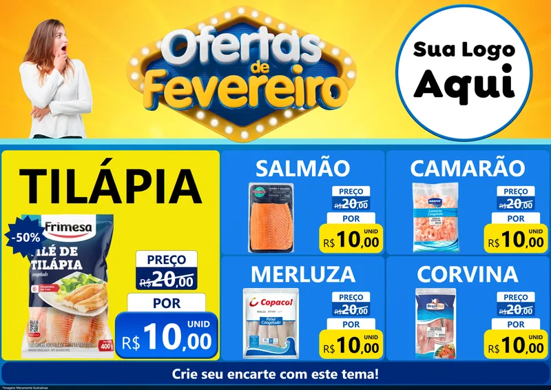 Modelo de Encarte para Encarte A4 Horizontal com o tema Ofertas de Fevereiro para Peixaria