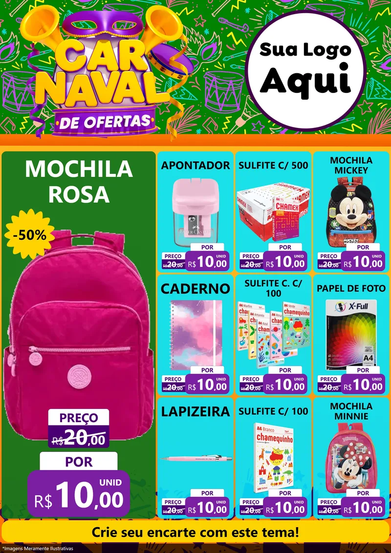 Modelo de Encarte para Encarte A4 Vertical com o tema Carnaval de Ofertas para Papelaria