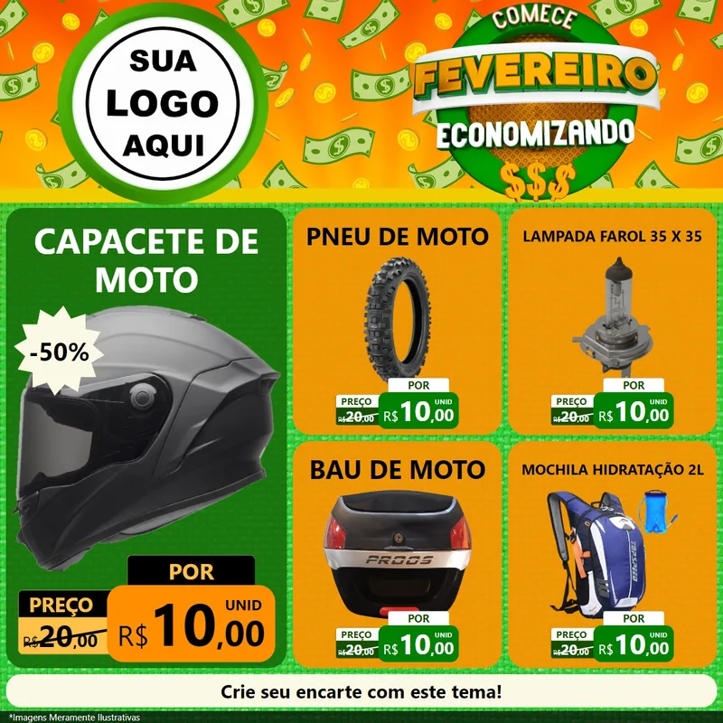 Modelo de Rede Social para Feed Facebook com o tema Comece Fevereiro Economizando para Moto peças