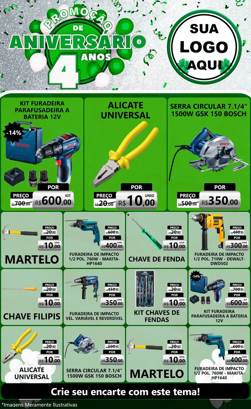 Modelo de Encarte para Encarte Grande com o tema Promoção de Aniversário - 4 Anos para Maquinas e Ferramentas