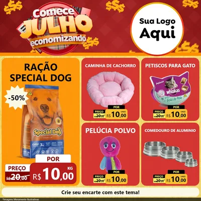 Modelo de Rede Social para Feed Facebook com o tema Comece Julho Economizando para Pet Shop