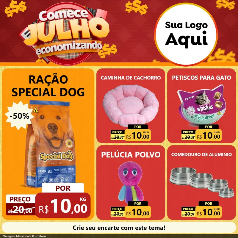 Modelo de Rede Social para Feed Facebook com o tema Comece Julho Economizando para Pet Shop
