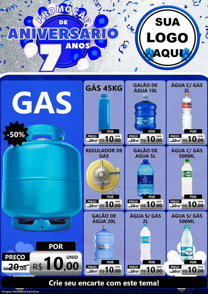 Modelo de Encarte para Encarte A4 Vertical com o tema Promoção de Aniversário - 7 Anos para Água e gás