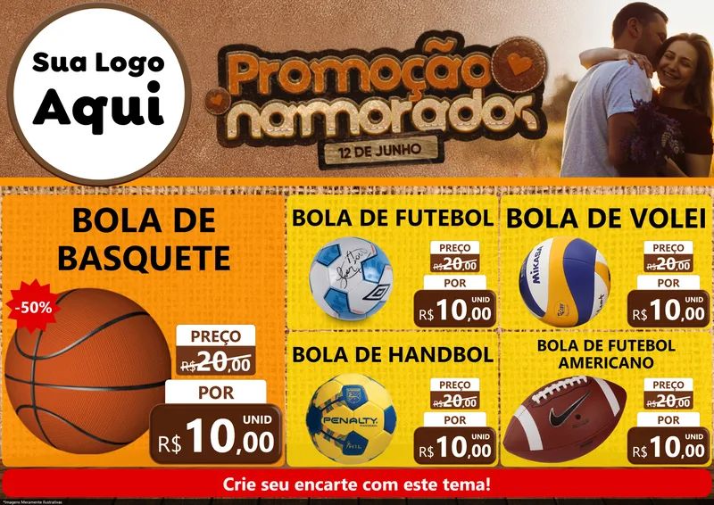 Modelo de Encarte para Encarte A4 Horizontal com o tema Promoção Namorados para Artigos Esportivos