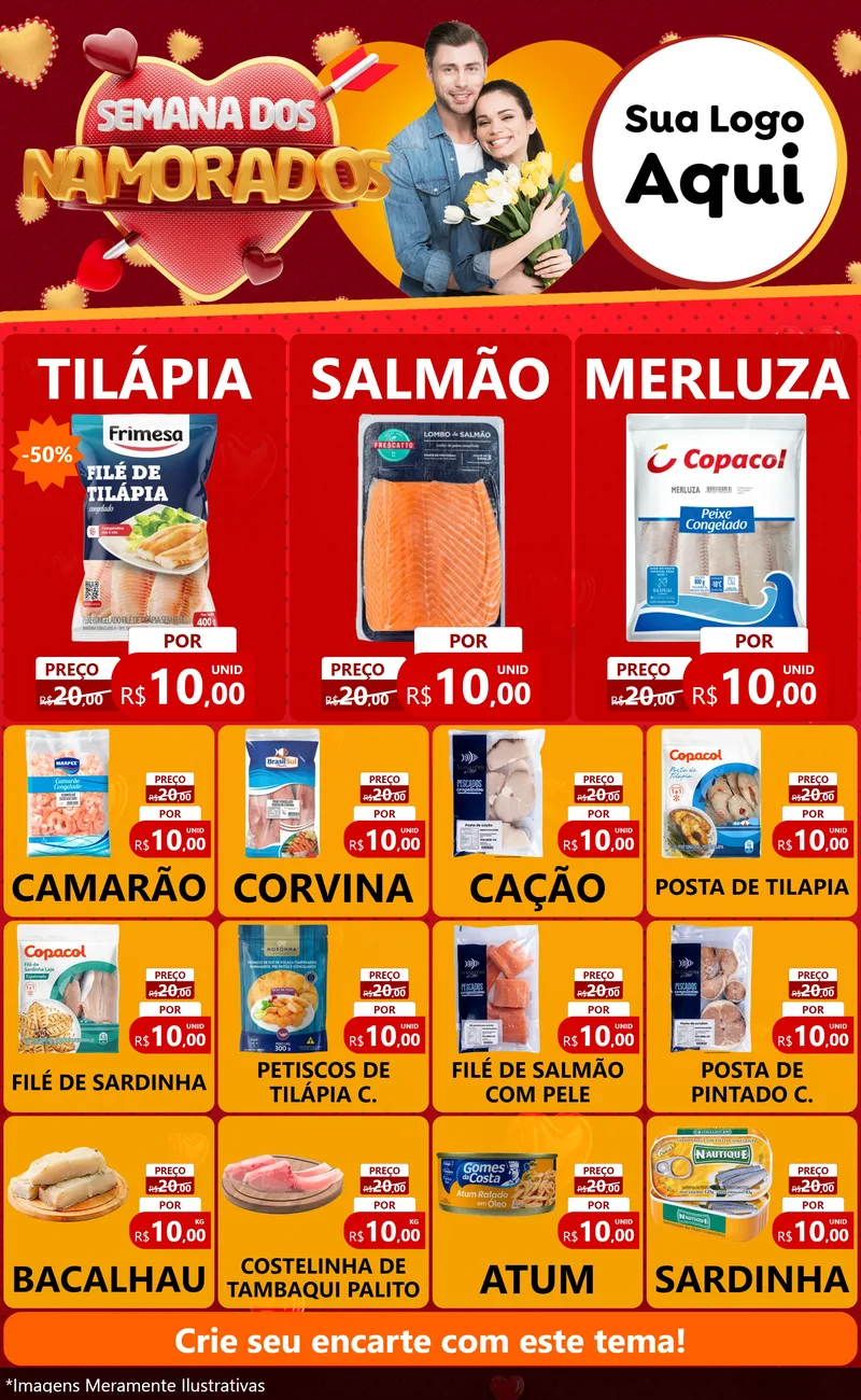 Modelo de Encarte para Encarte Grande com o tema Semana dos Namorados para Peixaria