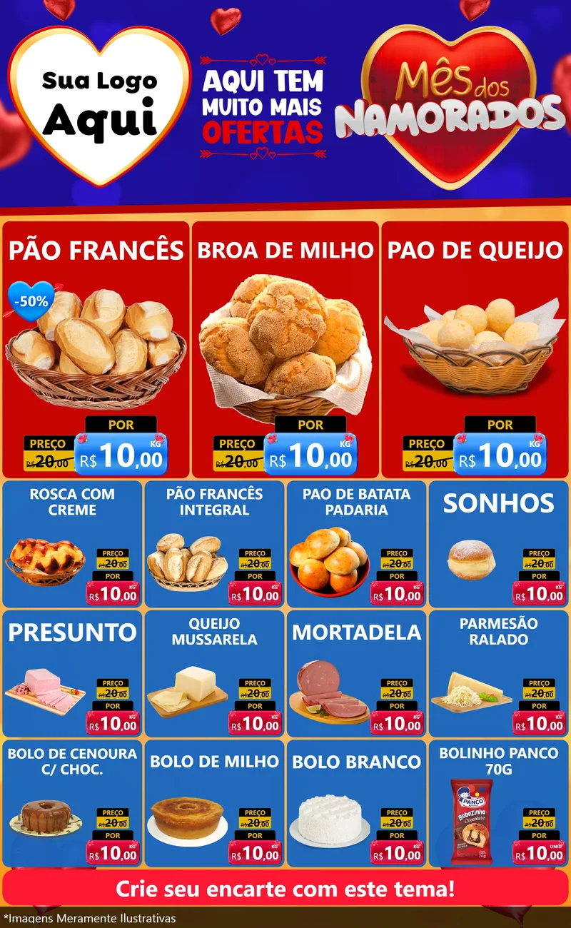 Modelo de Encarte para Encarte Grande com o tema Mês dos Namorados para Padaria