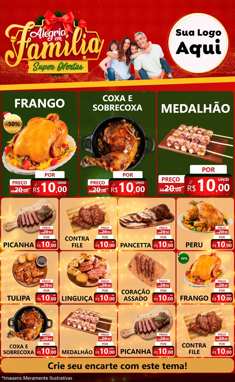 Modelo de Encarte para Encarte Grande com o tema Alegria em Família Super Ofertas - Natal para Assados