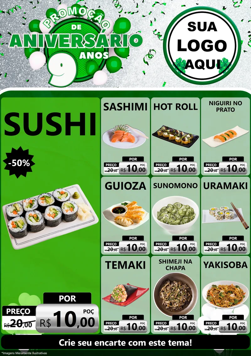 Modelo de Encarte para Encarte A4 Vertical com o tema Promoção de Aniversário - 9 Anos para Comida japonesa