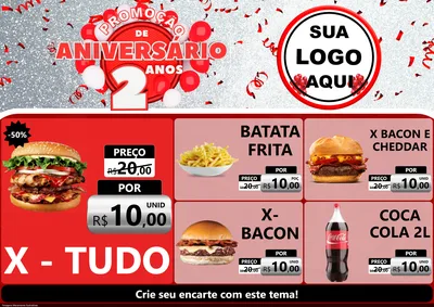 Modelo de Encarte para Encarte A4 Horizontal com o tema Promoção de Aniversário - 2 Anos para Hamburgueria