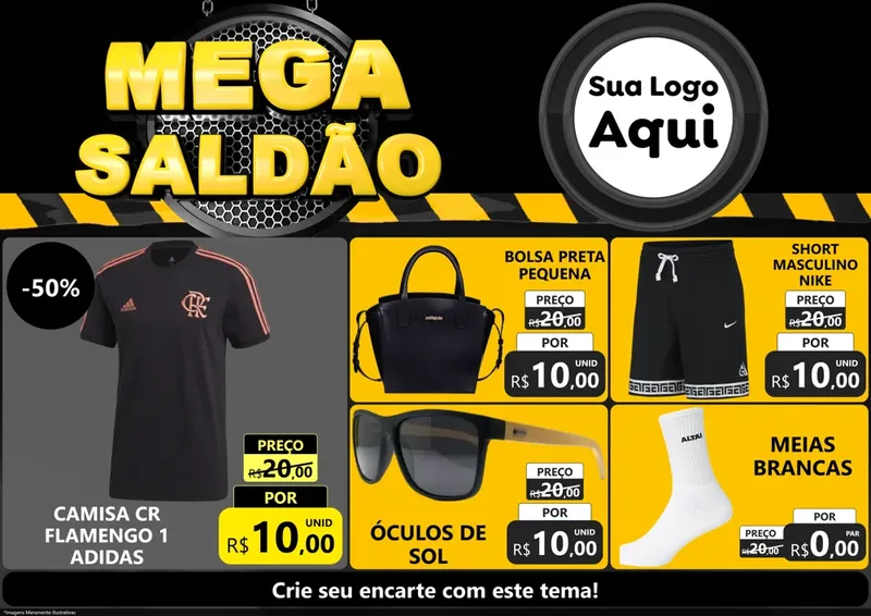 Modelo de Encarte para Encarte A4 Horizontal com o tema Mega Saldão para Roupas e acessórios
