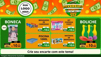 Modelo de TV para TV Horizontal com o tema Comece Fevereiro Economizando para Brinquedos