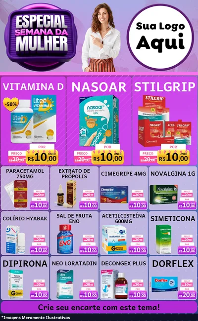 Modelo de Encarte para Encarte Grande com o tema Especial Semana da Mulher para Farmácia