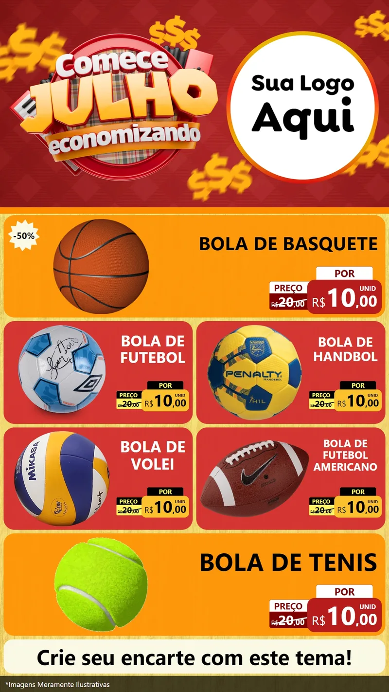 Modelo de TV para TV Vertical com o tema Comece Julho Economizando para Artigos Esportivos