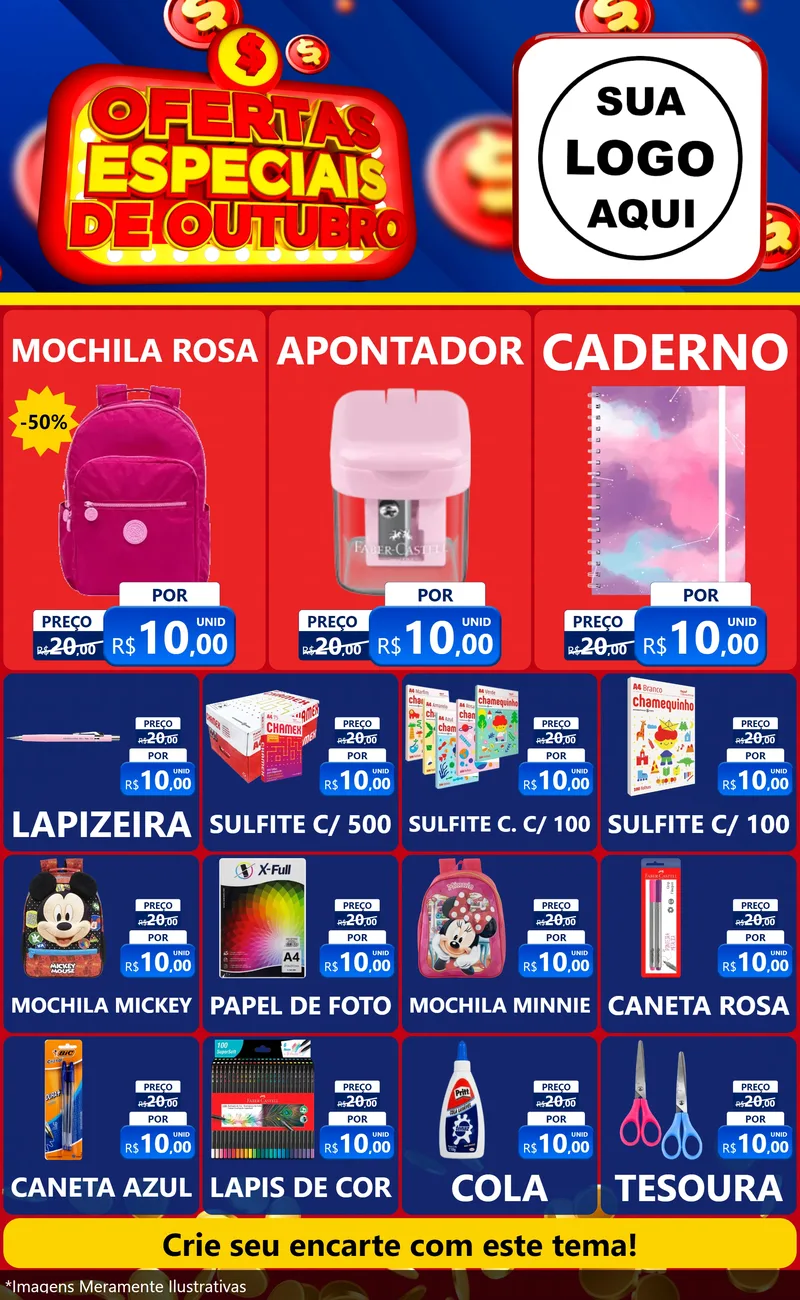 Modelo de Encarte para Encarte Grande com o tema Ofertas Especiais de Outubro para Papelaria