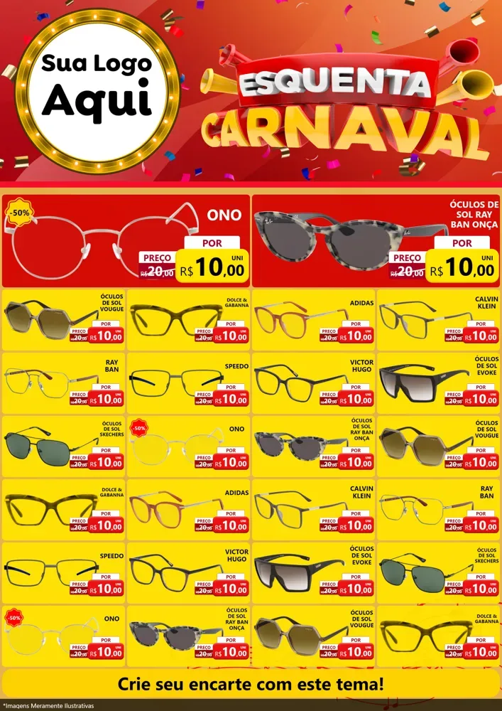Modelo de Encarte para Encarte A4 Vertical com o tema Esquenta Carnaval para Óticas
