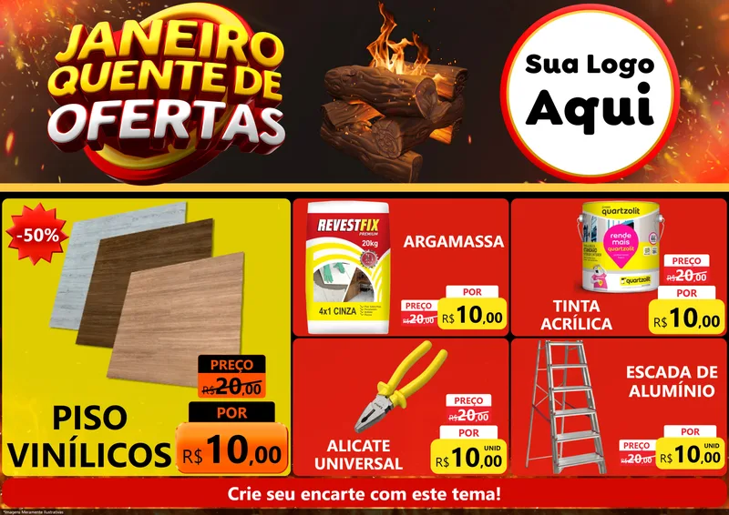 Modelo de Encarte para Encarte A4 Horizontal com o tema Janeiro Quente de Ofertas para Material para Construção