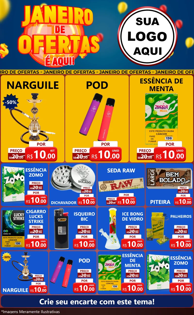 Modelo de Encarte para Encarte Grande com o tema Janeiro de Ofertas É Aqui! para Tabacaria