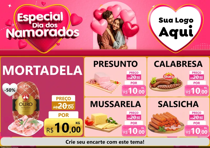Modelo de Encarte para Encarte A4 Horizontal com o tema Especial Dia dos Namorados para Frios e Laticínios