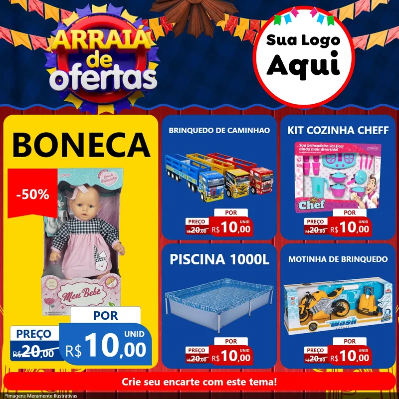 Modelo de Rede Social para Feed Facebook com o tema Arraiá de Ofertas para Brinquedos