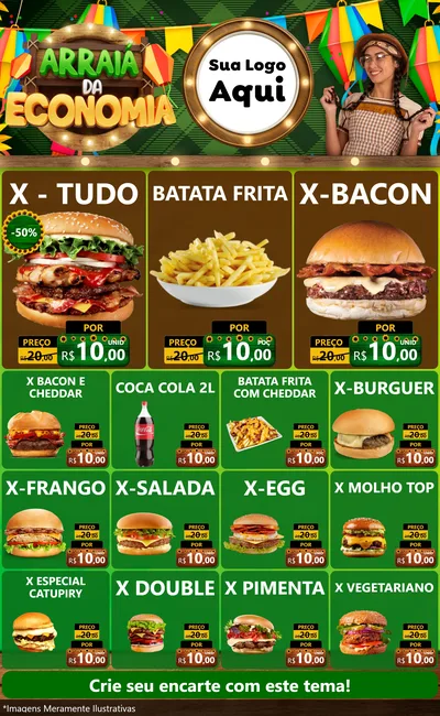 Modelo de Encarte para Encarte Grande com o tema Arraiá de Economia para Hamburgueria