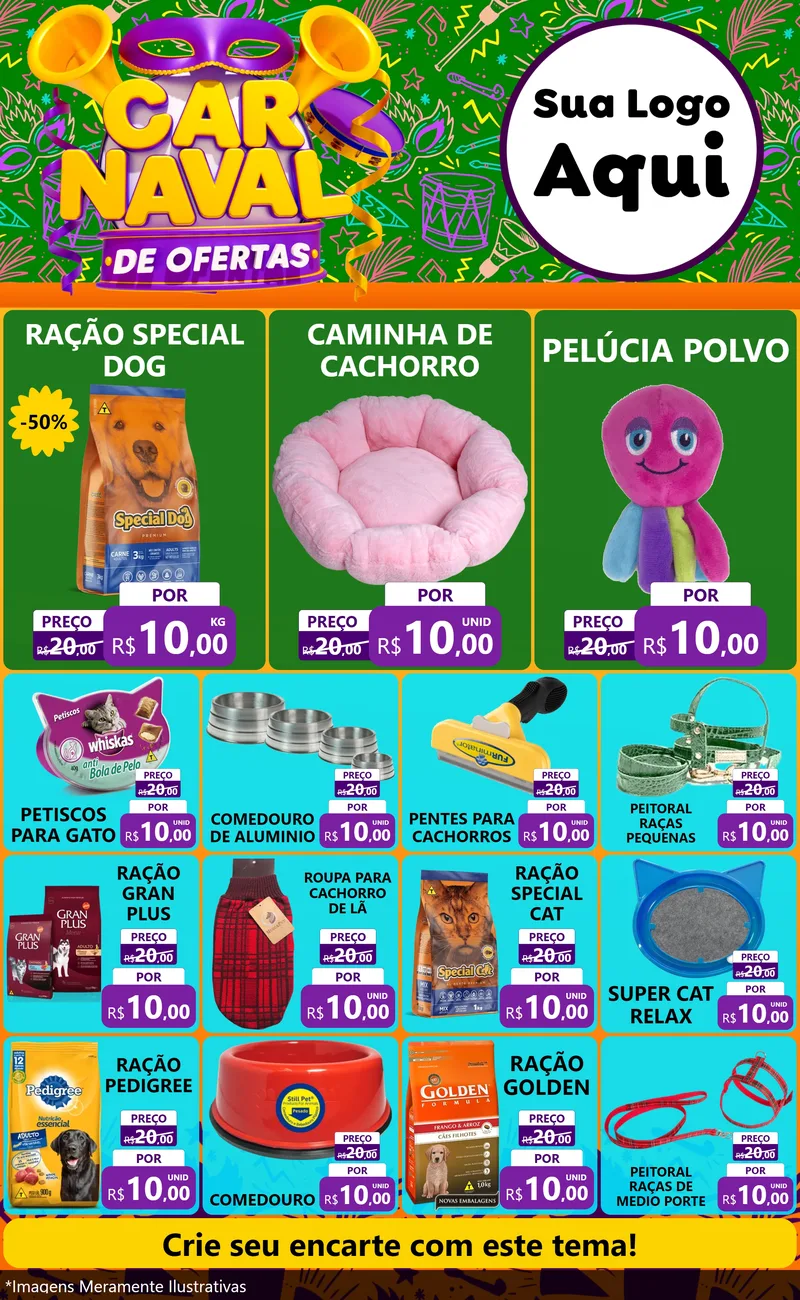 Modelo de Encarte para Encarte Grande com o tema Carnaval de Ofertas para Pet Shop
