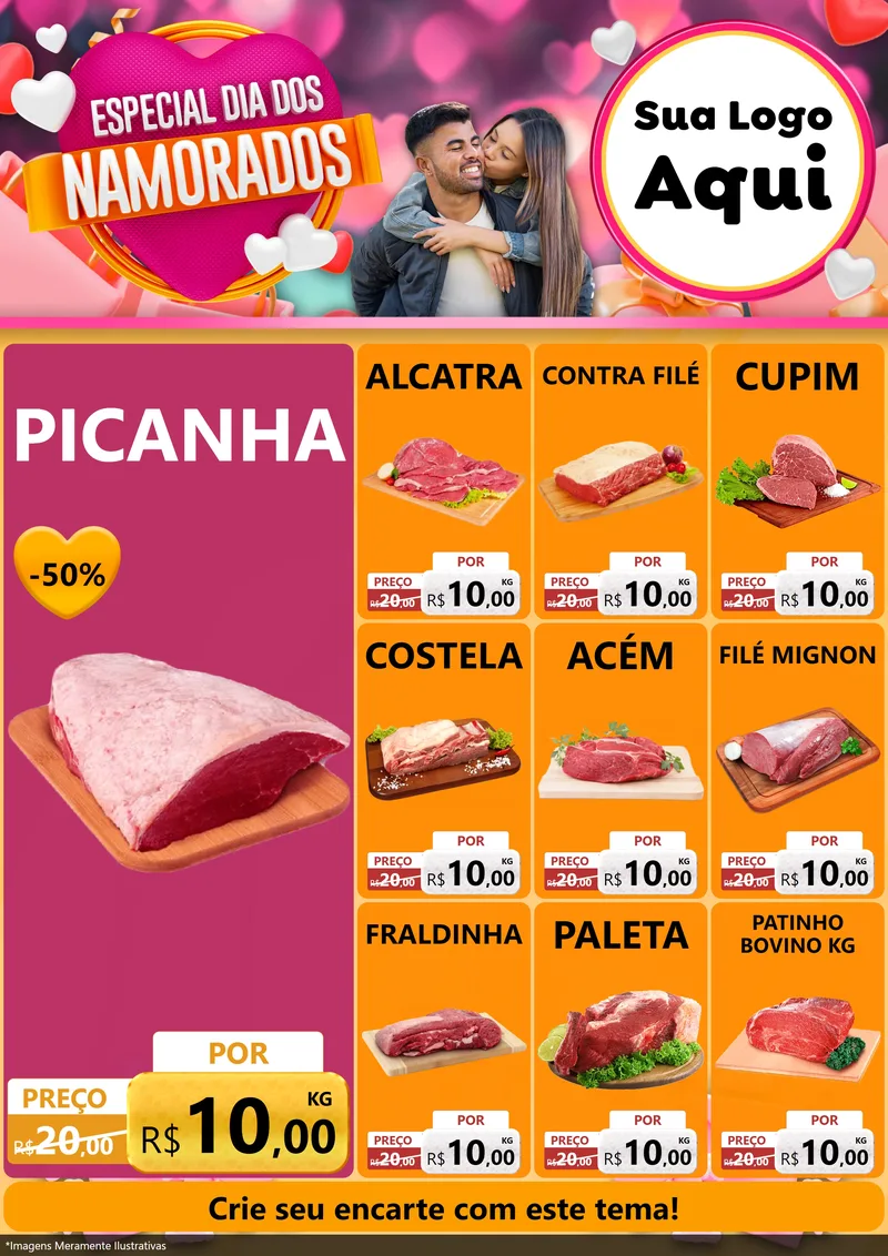 Modelo de Encarte para Encarte A4 Vertical com o tema Especial Dia dos Namorados para Açougue