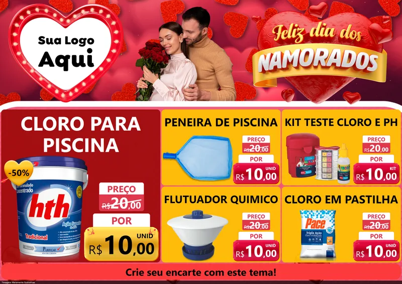 Modelo de Encarte para Encarte A4 Horizontal com o tema Feliz Dia Dos Namorados para Produtos para Piscina