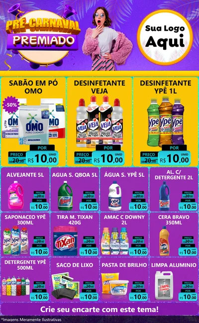 Modelo de Encarte para Encarte Grande com o tema Pré-Carnaval Premiado para Produtos de Limpeza