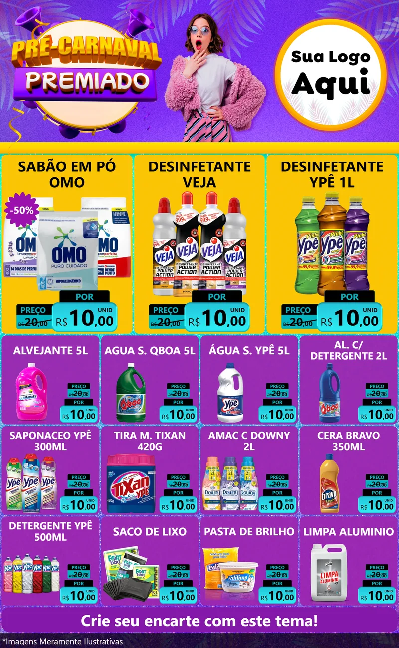 Modelo de Encarte para Encarte Grande com o tema Pré-Carnaval Premiado para Produtos de Limpeza