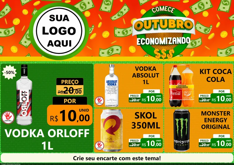 Modelo de Encarte para Encarte A4 Horizontal com o tema Comece Outubro Economizando para Distribuidora de bebidas