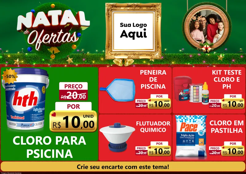 Modelo de Encarte para Encarte A4 Horizontal com o tema Natal de Ofertas para Produtos para Piscina