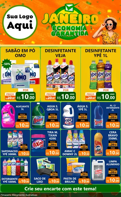 Modelo de Encarte para Encarte Grande com o tema Janeiro - Economia Garantida para Produtos de Limpeza
