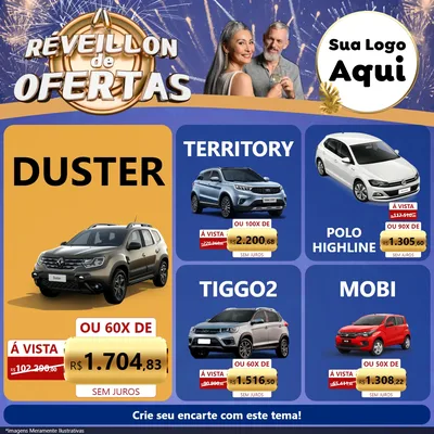 Modelo de Rede Social para Feed Facebook com o tema Réveillon de Ofertas para Concessionaria de Carros