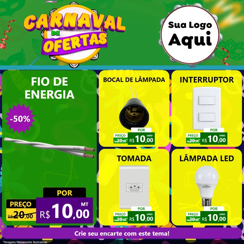 Modelo de Rede Social para Feed Facebook com o tema Carnaval de Ofertas para Materiais Elétricos