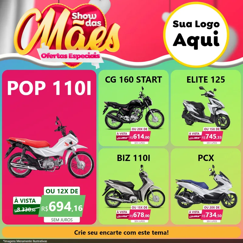 Modelo de Rede Social para Feed Facebook com o tema Show das Mães - Ofertas Especiais para Concessionaria de Motos