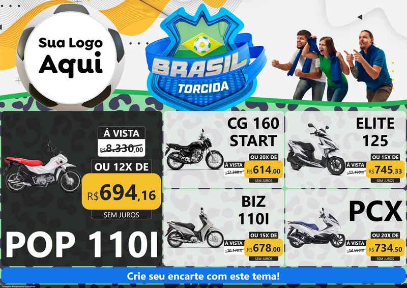 Modelo de Encarte para Encarte A4 Horizontal com o tema Brasil Torcida - Copa para Concessionaria de Motos
