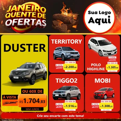 Modelo de Rede Social para Feed Facebook com o tema Janeiro Quente de Ofertas para Concessionaria de Carros