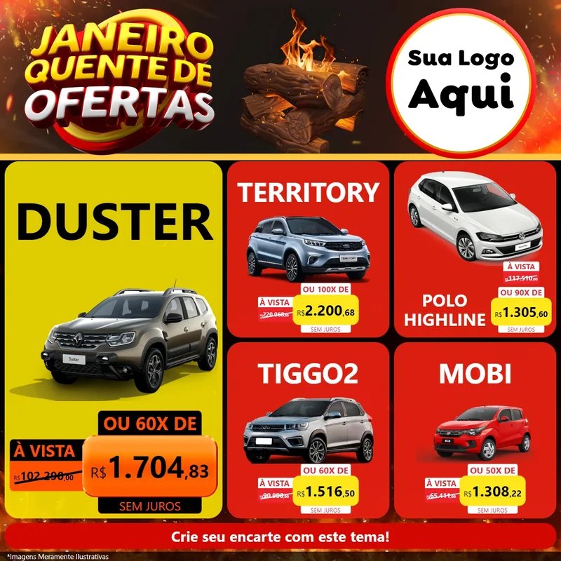 Modelo de Rede Social para Feed Facebook com o tema Janeiro Quente de Ofertas para Concessionaria de Carros