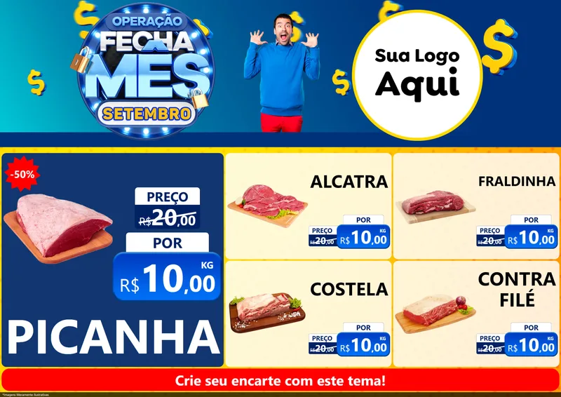 Modelo de Encarte para Encarte A4 Horizontal com o tema Operação Fecha Mês Setembro para Açougue