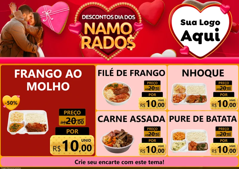 Modelo de Encarte para Encarte A4 Horizontal com o tema Descontos Dia dos Namorados para Restaurante