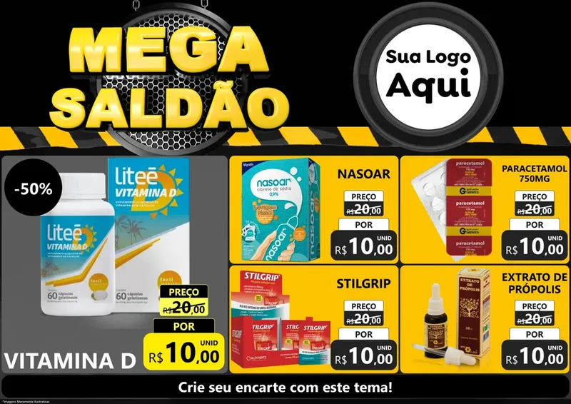 Modelo de Encarte para Encarte A4 Horizontal com o tema Mega Saldão para Farmácia