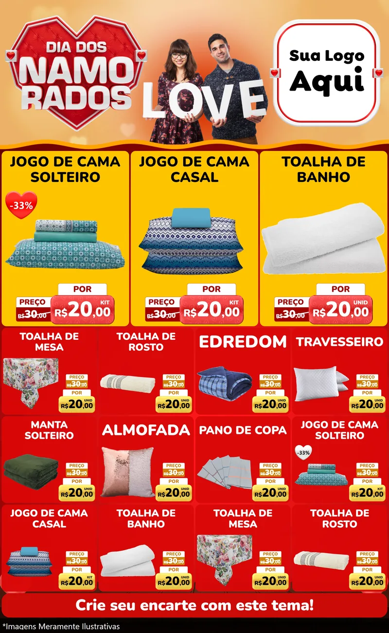 Modelo de Encarte para Encarte Grande com o tema Dia dos Namorados para Cama, Mesa e Banho