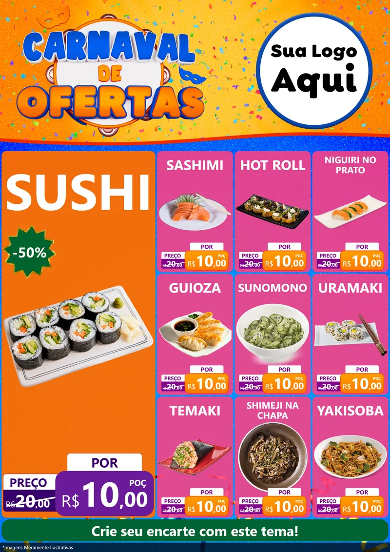 Modelo de Encarte para Encarte A4 Vertical com o tema Carnaval de Ofertas para Comida japonesa